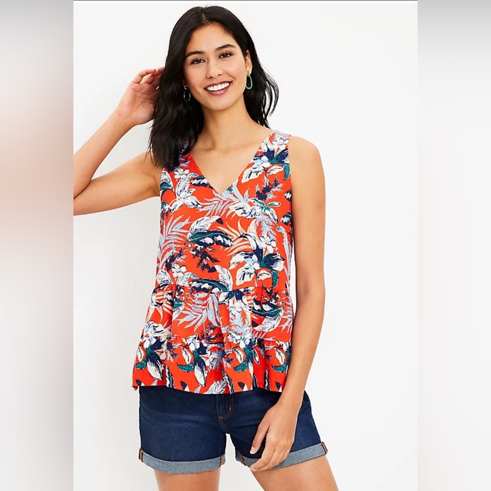 LOFT Orange & White Double V-Neck Floral Top
